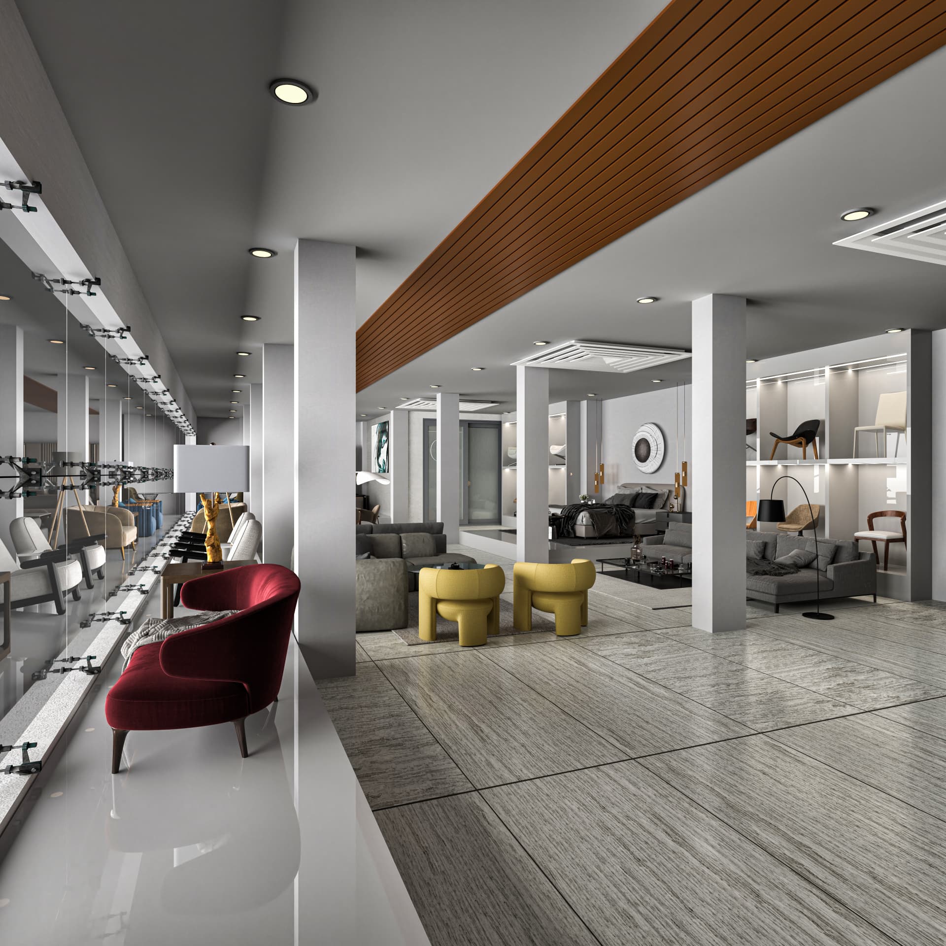 Furniture showroom gallery with curated seating displays
